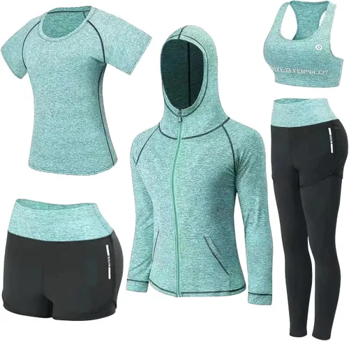 Nesyd Conjuntos de entrenamiento para mujer, 5 piezas, yoga, ejercicio, fitness, gimnasio, correr, ropa deportiva, ropa deportiva