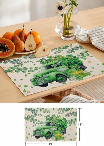 Miniatura 6 de Juego de 4 manteles individuales para el día de San Patricio, trébol verde, algodón, lino, antideslizantes, monedas doradas, irlandeses, primavera