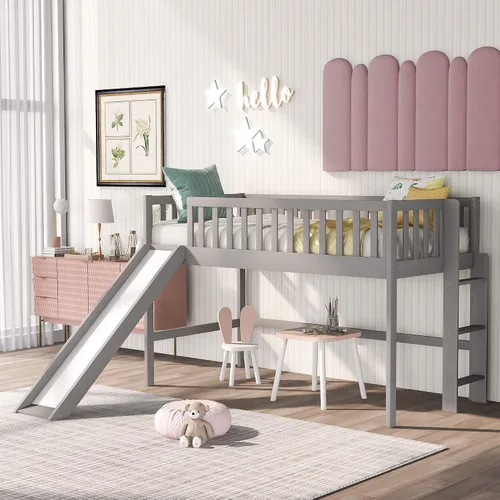 Miniatura 4 de Cama baja tipo loft, cama baja de tamaño individual con tobogán, marco de cama baja de madera con barandillas y escalera lateral para niños, niñas