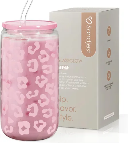 Miniatura 9 de SANDJEST Vaso de Vidrio con Margaritas en Patrón de Tablero de Ajedrez, Taza Floral a Cuadros con Tapa y Pajita, Tazas Estéticas de Café Helado