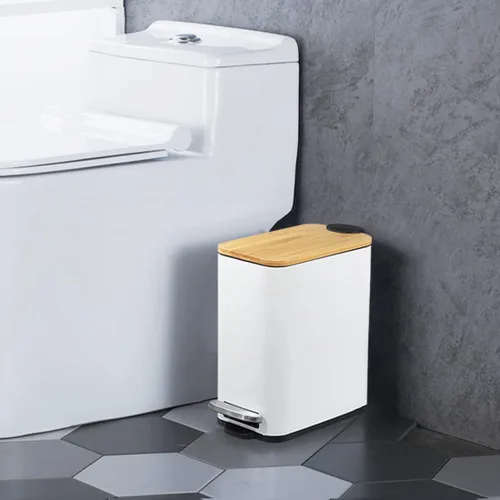 Miniatura 8 de SIDIANBAN Basurero de baño con tapa de bambú, cierre suave y pedal de pie, pequeño cubo de basura rectangular delgado con papelera