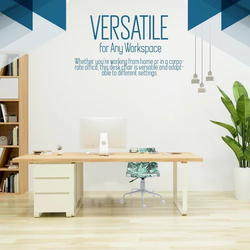 Miniatura 6 de Silla de escritorio de oficina sin brazos en vinilo con estampado de hojas de plátano (blanco) – Silla ergonómica de respaldo medio con ruedas, sin