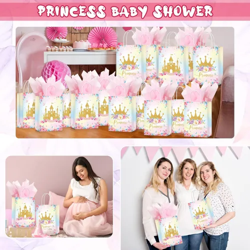 Miniatura 7 de Nezyo 16 bolsas de recuerdo de fiesta de princesa príncipe con asas y papel de seda, bolsas de regalo para cumpleaños, baby shower, regalos