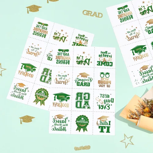 Miniatura 2 de 12 hojas de tatuajes temporales de graduación con purpurina verde y dorada estilo metálico, recuerdos de fiesta de graduación 2025, felicitaciones