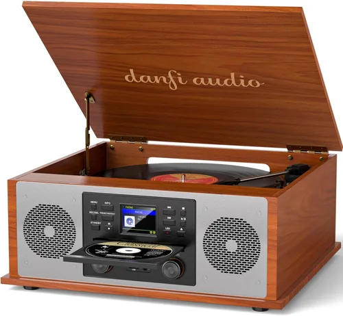 10 in 1 Record Player Multimedia with Speakers, CD Player, Bluetooth Receiver, Internet Radio, USB Recording, 3-Speed Turntable, Alarm Clock, Sleep