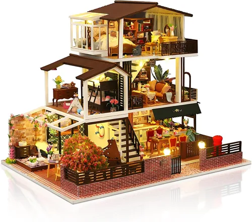 Miniatura 13 de Kit de casa en miniatura, pequeño restaurante japonés Sakura de madera 3D, kit de construcción de mini casa de muñecas con cubierta a prueba