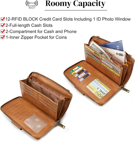 Miniatura 4 de S-ZONE Cartera cruzada para teléfono celular, cartera de pulsera para mujer, con bloqueo RFID, con 2 correas