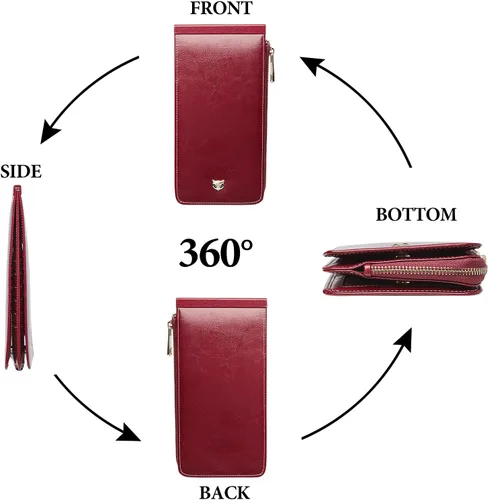 Miniatura 4 de FOXLOVER Portatarjetas de crédito múltiples para mujer, con bloqueo RFID, cartera de cuero para mujer con bolsillo con cremallera, rojo vino