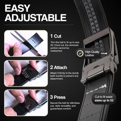 Miniatura 7 de Cinturón de trinquete de cuero genuino para hombre, cinturón ajustable con hebilla negra o plateada, vestido e informal