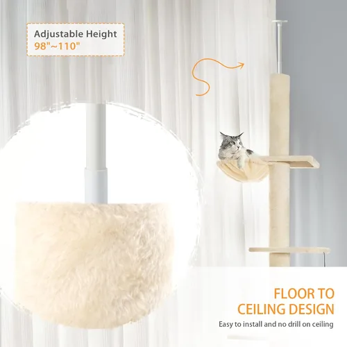 Miniatura 5 de Árbol para gatos de piso a techo, torre para gatos con altura ajustable de 98-110 pulgadas, árbol para gatos de 5 niveles con cama acogedora