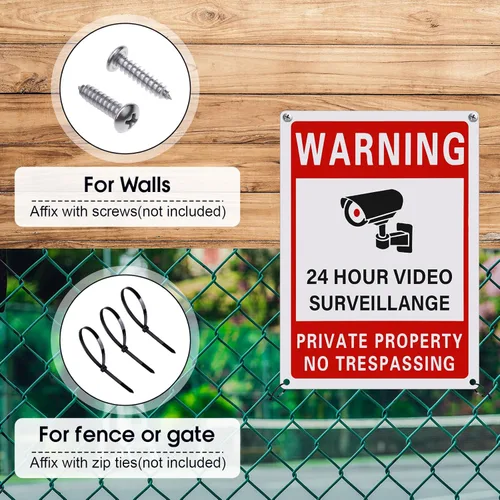 Miniatura 2 de Letrero de 4 piezas con texto en inglés "Smile You're on Camera Sign" y Private Property No Trespassing Video Vigilancia Impreso UV de 40 mil