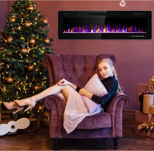Miniatura 7 de Electactic - Chimenea eléctrica de 50 pulgadas ultradelgada - Chimenea insertada y montada en la pared con termostato, llama ajustable, control