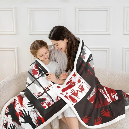 Miniatura 5 de Feelyou Manta Sherpa de Halloween de 40 x 50 pulgadas, manta gigante de forro polar con estampado de manos sangrientas para niños, manta de felpa