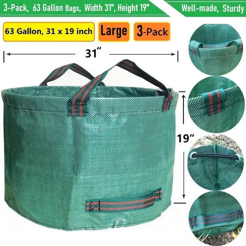 Miniatura 4 de Paquete de 3 bolsas profesionales de 63 galones para césped y jardín, grandes (D31, 19 pulgadas de alto), con guantes de jardinería, estándar, bolsa