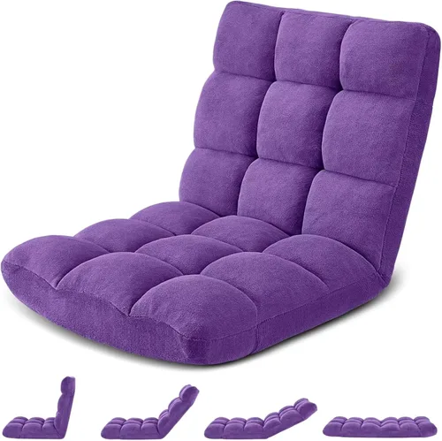 Miniatura 11 de Silla de suelo plegable Avocahom para juegos con 14 posiciones, silla de sofá perezoso ajustable con cojín, con algodón transpirable y coral de Gris