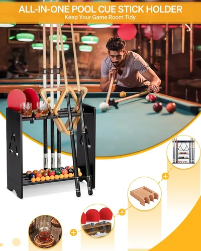 Miniatura 5 de Soporte para tacos de billar - Soporte de pie para mesa de billar de madera maciza de roble con capacidad para 9 tacos y organizador de accesorios