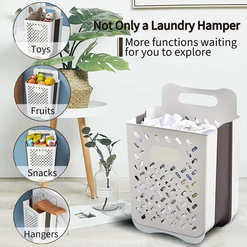 Miniatura 8 de Cestas de lavandería plegables de plástico con asa de transporte, cesta de lavandería para colgar en la pared que ahorra espacio, cesta de Gris