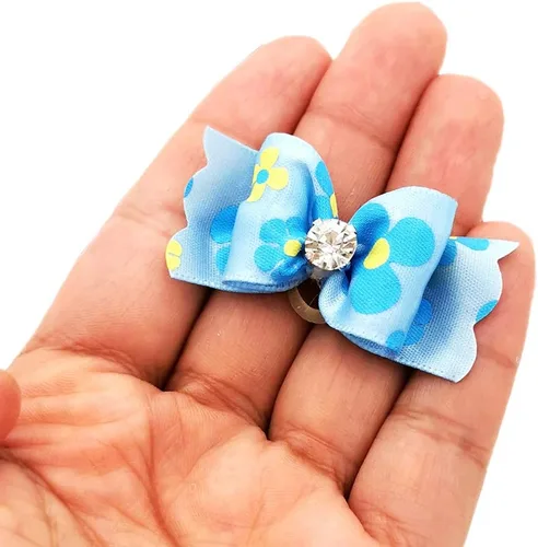 Miniatura 5 de 50 unidades (25 pares) lazos para el pelo de perros pequeños, patrón aleatorio con diamantes de imitación, lazo para el pelo para cachorros, gatos