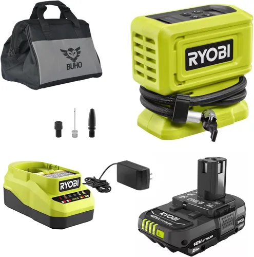 Paquete de accesorios para inflador inalámbrico Buho - Inflador de alta presión Ryobi de 18 voltios, batería de 2.0 Ah, cargador de 18V, bolsa de