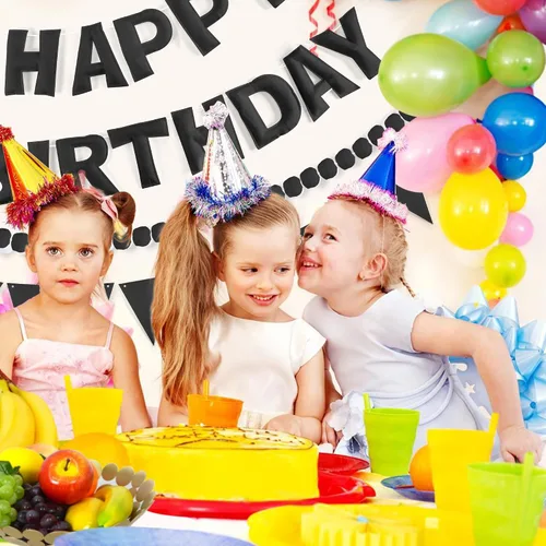 Miniatura 5 de CANREVEL Pancarta de Feliz Cumpleaños 3D Pre-enhebrada, 3 PIEZAS Guirnalda de Fieltro Negro Feliz Cumpleaños, Guirnalda de Pompones, Banderines