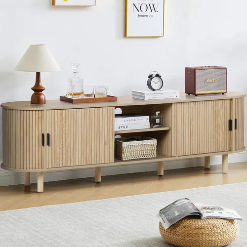 Miniatura 11 de FurSch Soporte de TV con puerta de tambor de 62 pulgadas, mueble de TV moderno de madera de mediados de siglo para TV de hasta 75 pulgadas, soporte