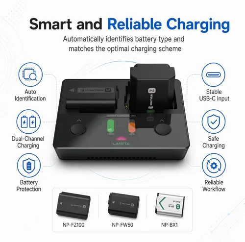 Miniatura 6 de Cargador de batería de cámara 3 en 1 para Sony NP-FZ100 NP-FW50 NP-BX1, cargador rápido LCD de doble ranura USB-C compatible con baterías de cámara