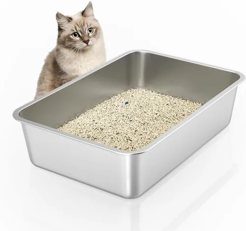 Miniatura 12 de IKITCHEN Caja de arena de acero inoxidable para gatos, bandeja de arena de metal grande para gatos, caja de arena para gatos nunca absorbe olores