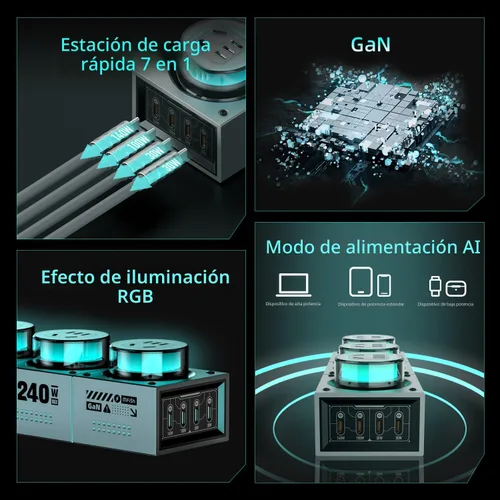 Miniatura 6 de MFish E-Tank - Regleta de alimentación de escritorio GaN de 240 W con luz RGB, estación de carga rápida 7 en 1 (140 W PD 3.1) y 3 salidas de CA