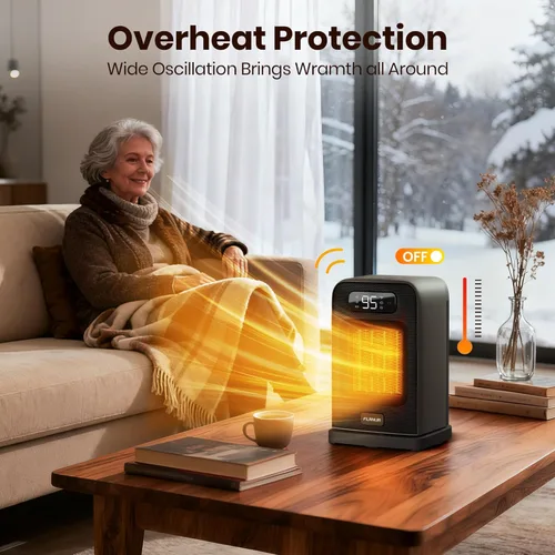 Miniatura 6 de FLANUR Calentadores de espacio para uso en interiores, calentador de escritorio pequeño de 1500 W con control remoto, termostato, 4 modos, Negro