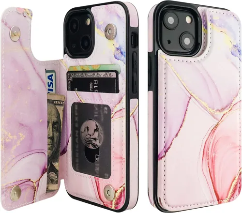 Miniatura 11 de HAOPINSH Funda para iPhone 13 Mini con tarjetero y diseño de flores en la parte posterior, con función atrás, de piel sintética, con ranuras