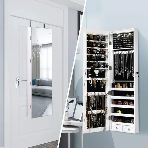 Miniatura 64 de Giantex Armario de joyería para puerta de pared con espejo de longitud completa, 2 LED con cerradura grande organizador de joyas con espejo ancho