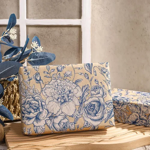 Miniatura 3 de RUSPEPA Rollo de papel de regalo floral, mini rollo, rosas azules con delicado papel kraft de follaje, papel de regalo de flores vintage