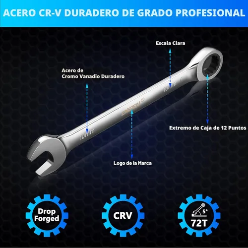 Miniatura 3 de DISEN Juego de 22 llaves de trinquete, juego de llaves combinadas SAE y estándar métrico, tamaño de 1/4" a 3/4" y 0.236-0.709 in, acero CR-V, 12