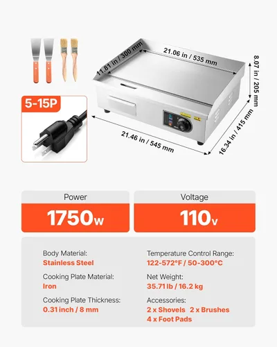 Miniatura 7 de VEVOR Plancha eléctrica comercial, 1750 W, control de temperatura ajustable de 122-570 °F, parrilla superior plana de acero inoxidable con 2