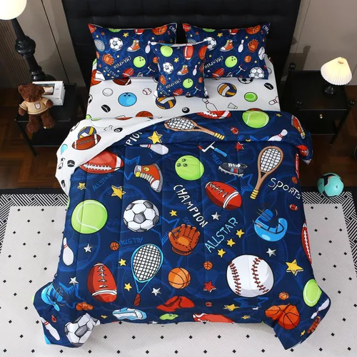 Miniatura 2 de JQinHome Juego de edredón deportivo para niños tamaño individual, cama de 6 piezas en una bolsa para niños y adolescentes, ropa de cama