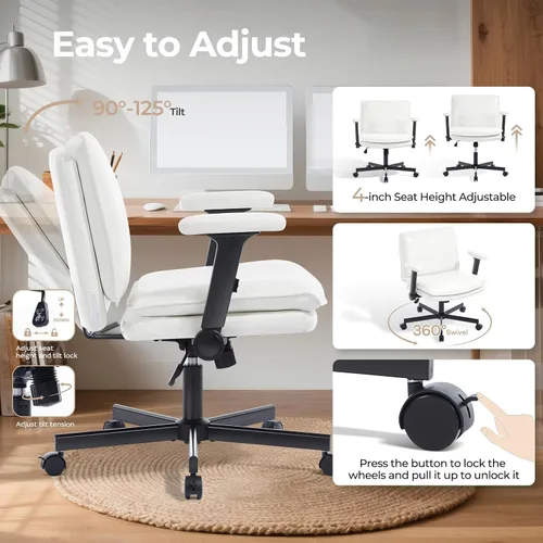Miniatura 4 de Silla Criss Cross con brazos abatibles y ruedas con bloqueo, silla de escritorio de oficina de cuero con patas cruzadas, silla de computadora Blanco