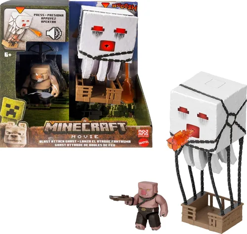 Mattel Minecraft - Juego de figuras de acción, Blast Attack Ghast con luces, sonidos, lanzador y proyectil, además de Piglin Warrior inspirado en la