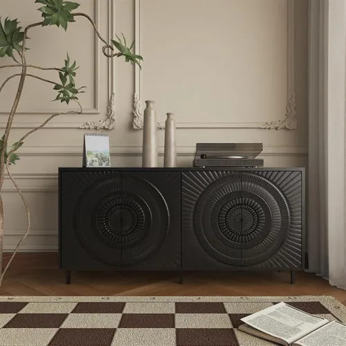 Miniatura 7 de LKTART Armario de almacenamiento de bufé de 59.06 pulgadas para comedor, consola de puerta de flores talladas, resorte prensado de 4 puertas