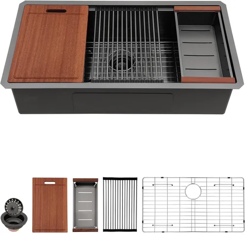 Miniatura 20 de Sarlai 33 Fregadero de Cocina Empotrado - Fregadero de 33 x 19 Pulgadas Bajo Encimera Estación de Trabajo de Profundidad Sencillo Tazón 16 Calibre