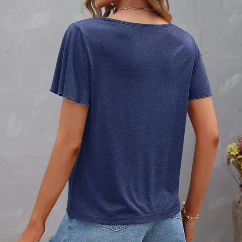 Miniatura 6 de Lastesso Camisetas de moda de verano para mujer, manga corta, cuello en V, blusas sólidas sueltas con volantes
