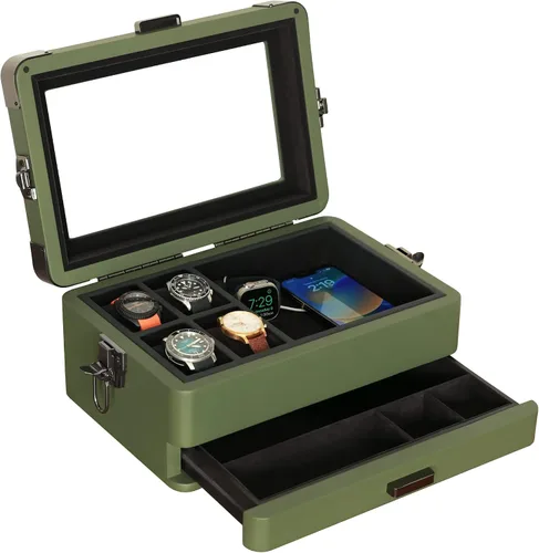 CASE ELEGANCE Caja organizadora militar de 10 ranuras para reloj, para hombres, parte superior de cristal real, bandeja modular de valet, compatible