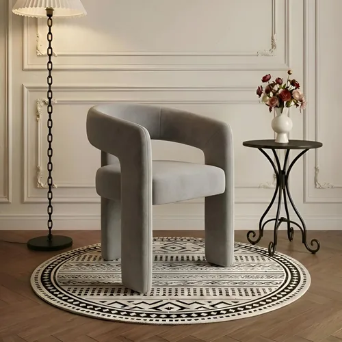 Miniatura 10 de Silla de Comedor Moderna de Chenilla Tipo Barril Tapizada en Tela, Silla de Comedor con Brazo, Cómoda Silla Auxiliar de Acento para Cocina/Sala