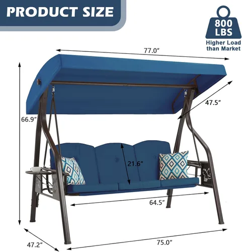 Miniatura 7 de ZZW Columpio de porche al aire libre de 3 asientos con soporte, columpio de patio con toldo, cama de columpio de porche 2 en 1 y silla columpio