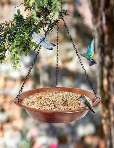 Miniatura 4 de Baño colgante para pájaros para exteriores, comedero de pájaros de metal de cobre antiguo con cadenas negras inoxidables de 17 pulgadas