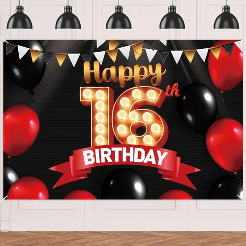 Miniatura 9 de FlagY-Bn-14 - Cartel de feliz cumpleaños número 14, decoración de pancarta negra, telón de fondo dorado, globos rojos y negros, decoración temática
