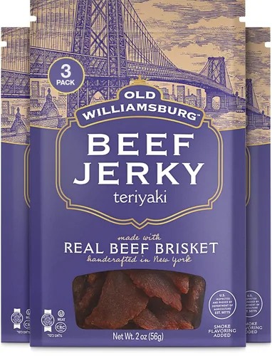 Old Williamsburg Teriyaki Beef Jerky, 2 onzas (paquete de 3) | Pechuga de res real | Cecina hecha a mano | Snack de carne sin gluten | Envasado de