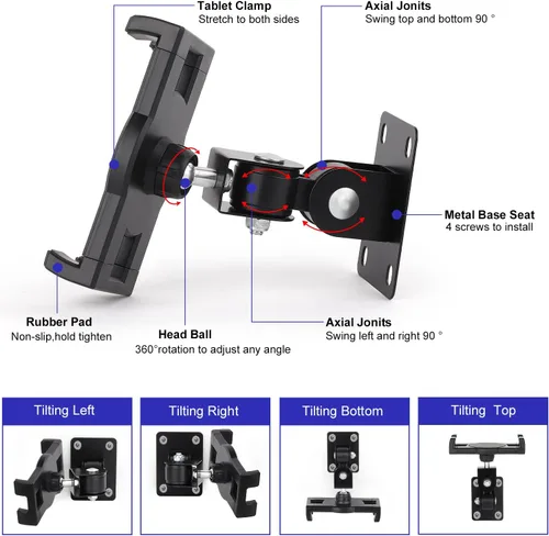 Miniatura 4 de iTODOS Soporte de pared para tableta, compatible con iPad de 7-12.9 pulgadas, Galaxy Tab S7/S8/S11/S10/iPhone/teléfono celular, 360 ajustables, clip