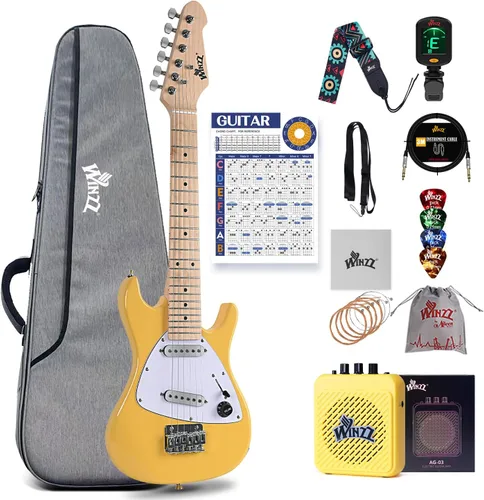 WINZZ - Guitarra eléctrica para niños de 30 pulgadas, kit para principiantes, tamaño 1/4 mini, juego completo de iniciación con amplificador, color