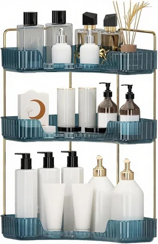 Miniatura 19 de INVSSENE Organizador esquinero para encimera de baño, bandejas organizadoras de tocador para mostrador, organizadores de maquillaje, bandeja de Azul