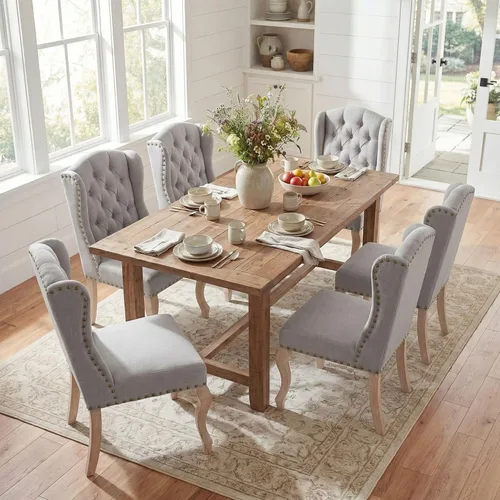 Miniatura 10 de Juego de 6 sillas de comedor de lino, sillas de comedor de granja con respaldo copetudo, sillas de cocina Parsons francesas tapizadas, sillas